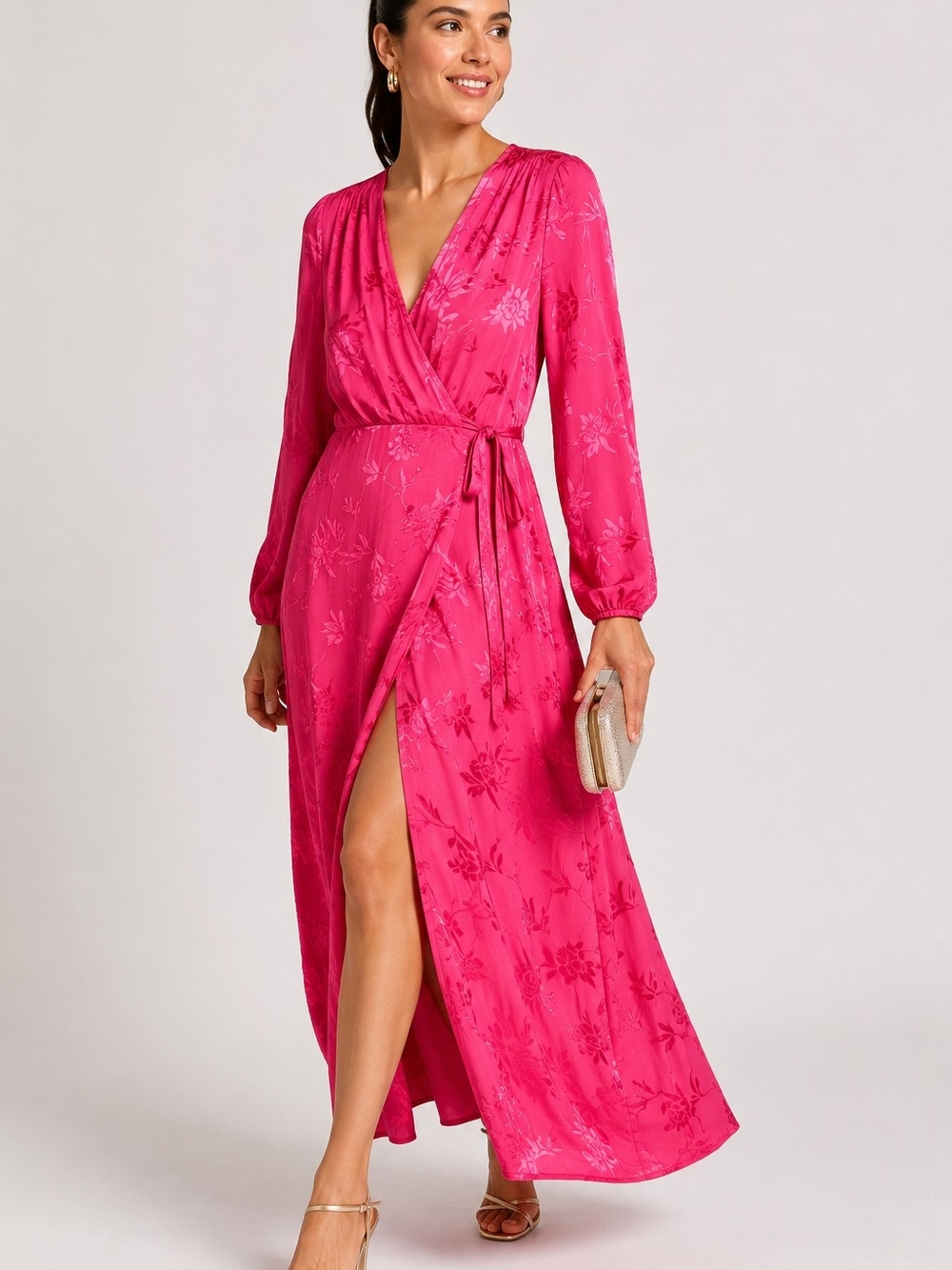 Zara Fuchsia Burnout Floral Jacquard Wrap Midi Dress Size Large